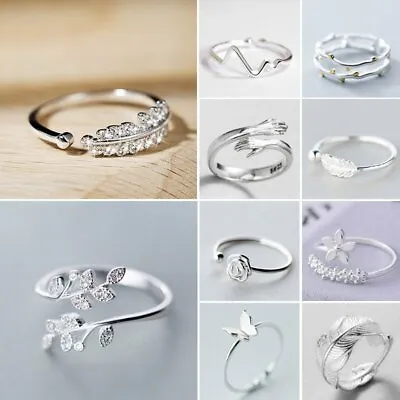 $1.64 • Buy 925 Silver Zircon Love Heart Feather Knuckle Ring Open Ring Adjustable Women