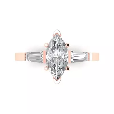 2 Marquise Baguette 3 Stone Real Moissanite Classic Statement Ring 14k Rose Gold • £305.02