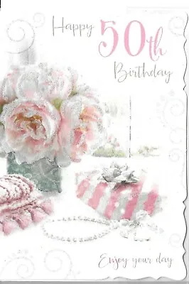 50th Birthday Card For Lady Woman Female Flowers And Gifts Paper Insert • £2.30