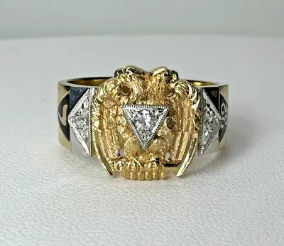 Masonic 32nd Degree 14k Gold Double Eagle Enamel Diamond Ring Sz 10.5 11.4g • $749