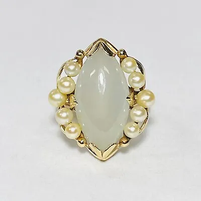 Ming's Honolulu 14K Yellow Gold Water Jade Leaf Akoya Pearl Size 6.25 Ring 7.9g • $1100