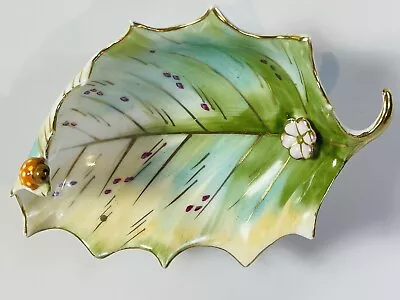 Vtg Ucagco China Porcelain Footed Trinket Leaf Dish Raised Ladybug Flower Detail • $22.49