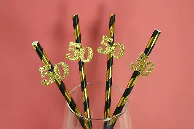 Glitter GOLD 50TH Design 7.75  STRIPED Paper Straws Choose Color & Pack Amount • $2.95