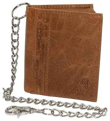 Men's Chain Biker RFID Blocking Genuine Leather L Shape Bifold Wallet USA Series • $18.99