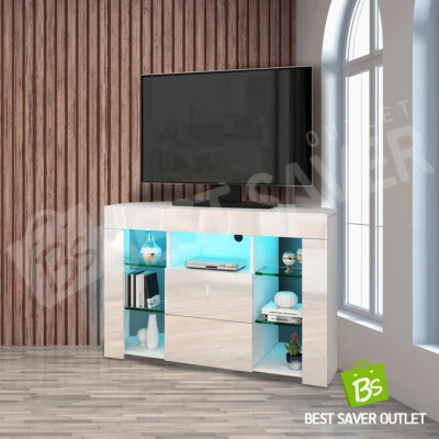$159.75 • Buy Corner TV Unit Stand Cabinet LED Lighted High Gloss 2 Drawers Furniture White