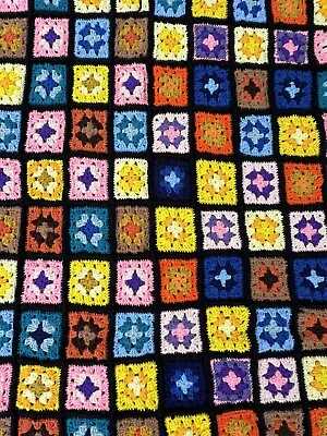 Handmade Crochet Afghan Throw Blanket Black Multi Color Granny Square 39 X68  • $9.99