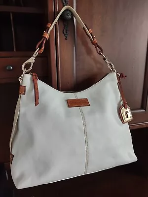 Dooney Bourke White Leather British Tan Trim Hobo Shoulder Bag Handbag Brass Tag • $195