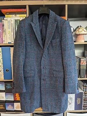 Holland Esquire Blue Overcheck Herringbone Wool Coat - Size 38 • £125