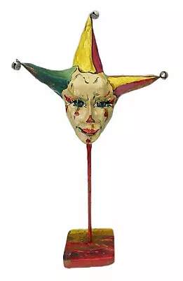 18” Jester Joker Clown Harlequin Art Figurine Paper Mache Mask Wood Base Bells • $35.99