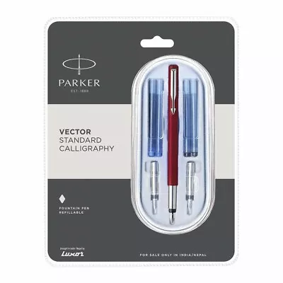 £12.99 • Buy Parker Vector RED Standard Calligraphy Fountain Pen 2N Black 2N Blue Ink Cart