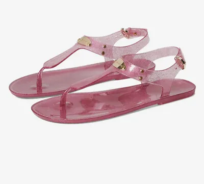 Women MK Michael Kors MK Plate Jelly Buckle Up Flat Sandals Glitter French Pink • $34.49