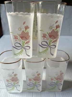 Vintage Japan TOYO Belle Fleur Frosted Drinking Glasses SQUARE-BASED Set Of 5 5  • $24.49