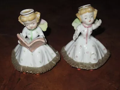 Vintage Angel Figurine Holding Book Ucagco China Japan Lace Set Of 2 (M584) • $17.99