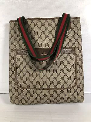 Vintage Gucci Womens Taupe Monogram Italy Double Handle Shoulder Bag Large COA • $150