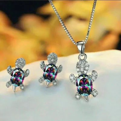 925 Sterling Silver Rainbow Mystical Fire Topaz Sea Turtle Necklace Earrings Set • $19.74