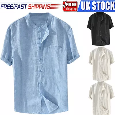 Mens Grandad Short Sleeve T Shirt Summer Casual Plain Contrast Dress Top Tee • £9.01