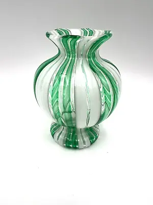 Hand Blown Venetian-Style Studio Art Glass Vase Green And White Striped • $25