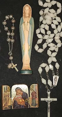 Vintage Virgin Mary CATHOLIC Plastic Statue Mary 6  Rosary Prayer Beads 4pcLot  • $24.95