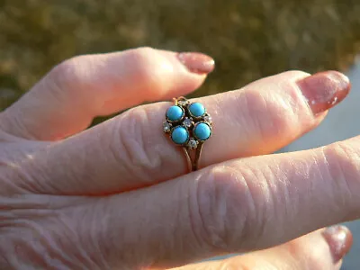 VINTAGE GORGEOUS TURQUOISE & DIAMOND RING SIZE 4.5-10k Y/GOLD • $154