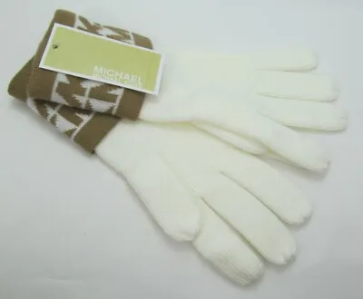 Michael Kors Acrylic Gloves White W/Tan & White Fold-over Logo Cuffs One Size • $29.99