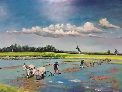 Vintage Signed Vietnamese Rice Paddy Oil Painting With Frame MCM • $65