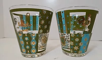 PAIR 2~ Vintage Georges Briard Lowball Glasses Barware Signed Rooster Ship Gold  • $28.50