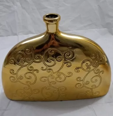 Decorative Flat Metal Vase Vine Design Gold Colored 12 X9.5 X2  • $30.56