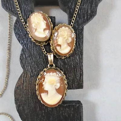 Vintage Cameo Necklace 17  Van Dell Earrings 12K GF Gold Screw Back Signed 1950s • $89.99