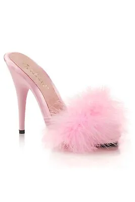 Fabulicious POISE-501F Baby Pink Satin/Marabou Fur Shoes UK8 • £61