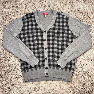 Marc Ecko Sweater Mens Large Gray Checked Cut Sew V Neck Button Up Cardigan • $22.29