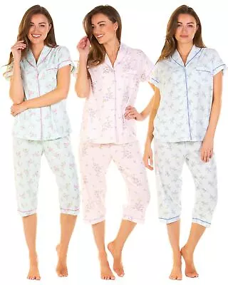 La Marquise Cropped Pyjamas Jersey Short Sleeve Floral Crop Pyjama Set PJs • £18.99