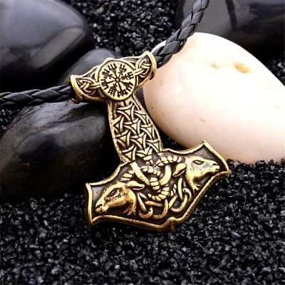 Mens Nordic Viking Mjolnir Pendant Leather Cord Myth Thor's Hammer Necklace • $2.59