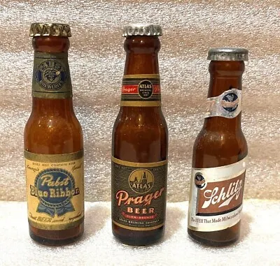 Three Vintage Miniature Beer Bottles Salt Pepper Pabst Atlas Prager Schlitz • $11.99