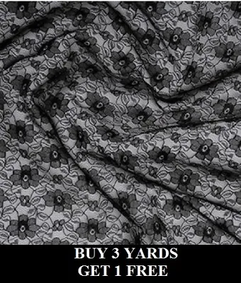 Black Budget Lace Flowers Floral Net Crafts Dress-making Fabric Material • £3.99