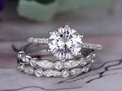 3.2ct Round Cut Moissanite Engagement Anniversary Bridal Ring Set 14k White Gold • $225.17