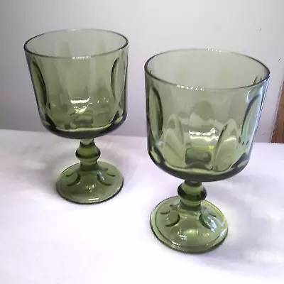 Vintage Mid Century 70's Avocado Green Glass Stemmed Goblets Set 2 Dessert Cups • $12