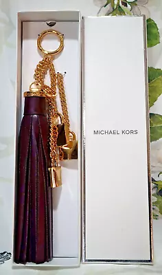 NWT MICHAEL KORS MERCER Lock Leather Tassel Bag Charm Key Chain In DAMSON Gold • $58.95