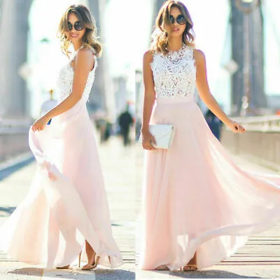 Long Chiffon Lace Evening Formal Party Ball Gown Prom Bridesmaid Maxi Dress 8-18 • £15.70