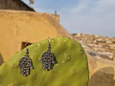 Moroccan Metal Drop Earrings Khamsa Hand Of Fatima Handmade Boho Ethnic • $7.57