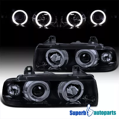 Fit 1992-1998 BMW E36 318i 325i Glossy Black Halo Rim Projector Headlights Smoke • $134.98