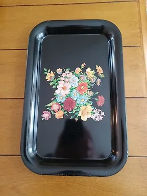 Vintage Metal Tray Black Floral Flowers 14x9 Breakfast Lap Serving Work Tray • $10