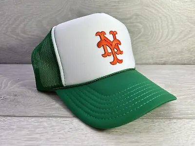 New York Mets White Kelly Green Hat 5 Panel High Crown Trucker Snapback Vintage • $24.95