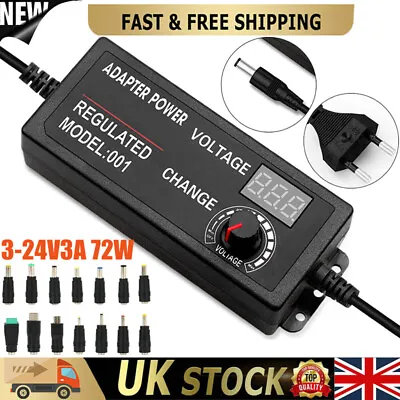 Adjustable Electrical Power Supply Adapter Charger Variable AC/DC 3-24V 3A 72W • £7.93