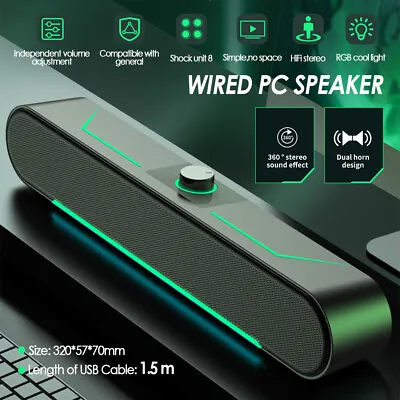 For PC Desktop Laptop Stereo LED USB Wired Sound Bar Stereo Speaker Subwoofer UK • £13.99