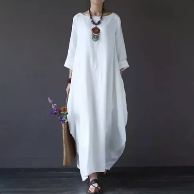 Womens Crew Neck Casual Loose Long Maxi Dress Robe Ladies Kaftan Dress Plus Size • $34.61