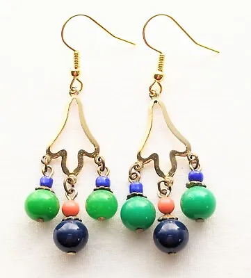 Vintage Peking Glass Beaded Dangle Earrings Boho Asian Jewelry • $19.20