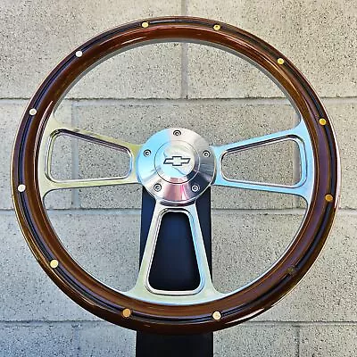 14  Billet Steering Wheel Mahogany Wood Rivets Half Wrap Chevy Bowtie Horn • $179.48