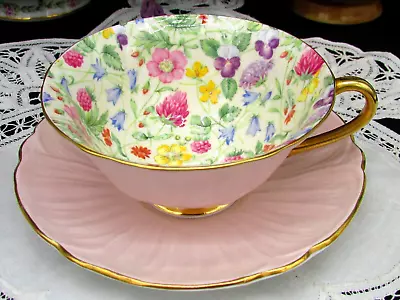 Shelley Country Side Floral Chintz Pink Oleander Shape Tea Cup And Saucer • $195.56