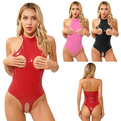 Women Wet Look PVC Leather Open Bust Crotchless Bodysuit Leotard Teddy Catsuit • $21.47