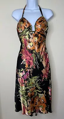 VTG Cache Silk Black Tropical Floral Halter Dress Hi Low Beaded Keyhole Y2K Sz 2 • $44.99